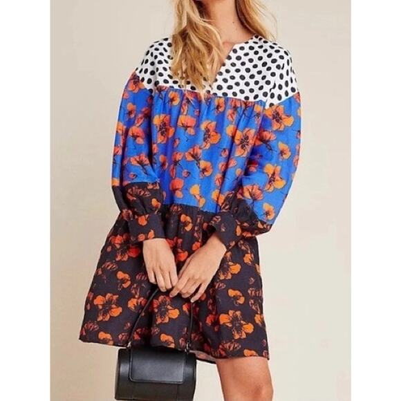 Anthropologie Dhruv Kapoor Mirabel Floral Tiered Dress Linen Blend Womens Sz XS - Picture 3 of 11